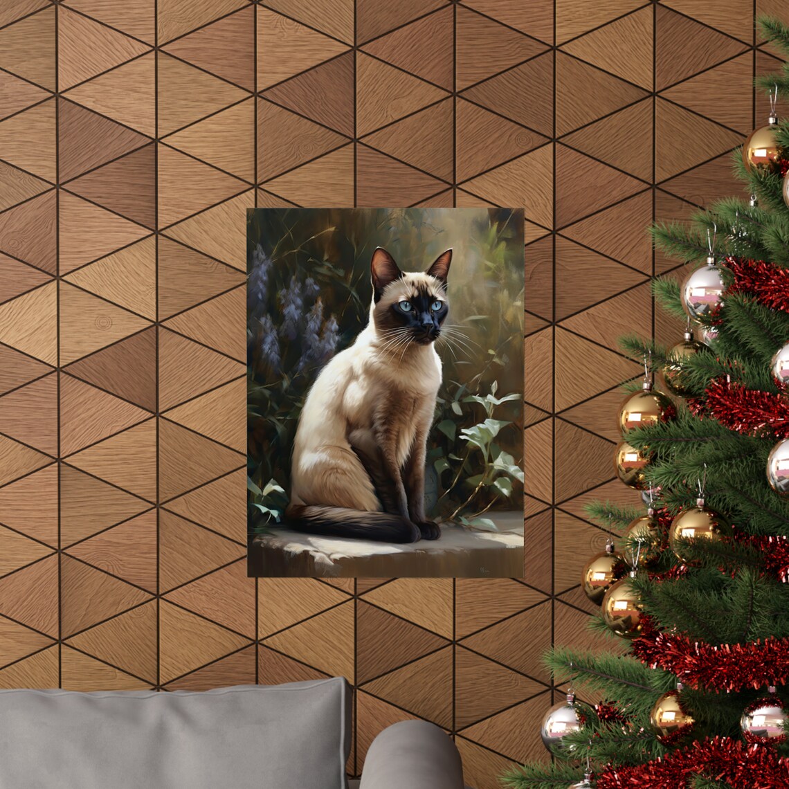 Tonkinese Cat Seal Point Blue Eyes Sitting Among Garden Flowers Print - Image 3