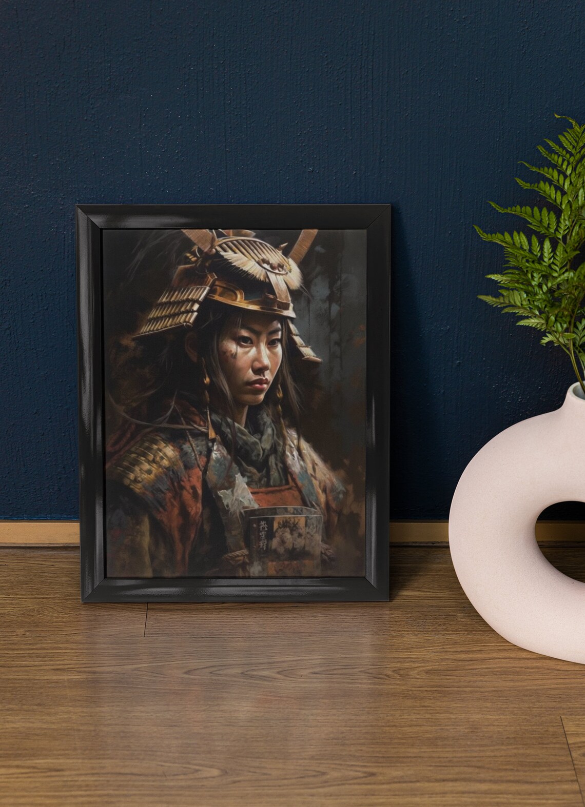Female Samurai Warrior in Ornate Kabuto Helmet Oil Painting Art Print