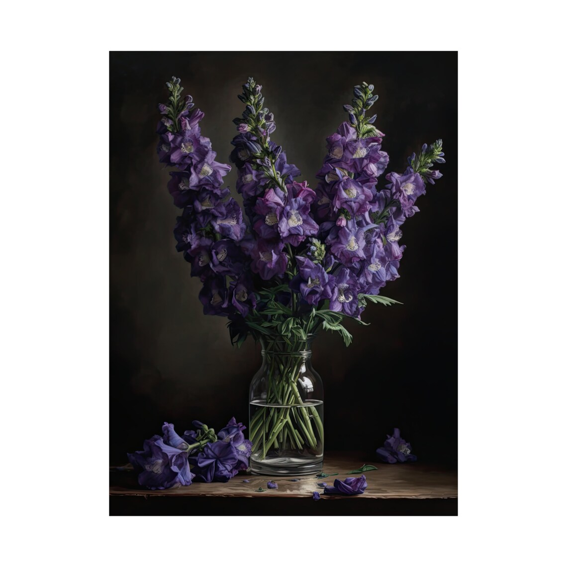 Deep Purple Delphinium Spikes Glass Vase Dark Still Life Poster - Image 4