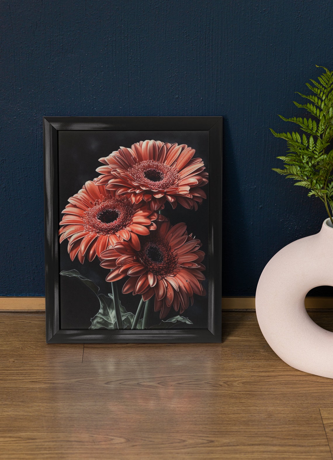 Coral Gerbera Daisy Blooms Bold Dark Background Floral Art Poster