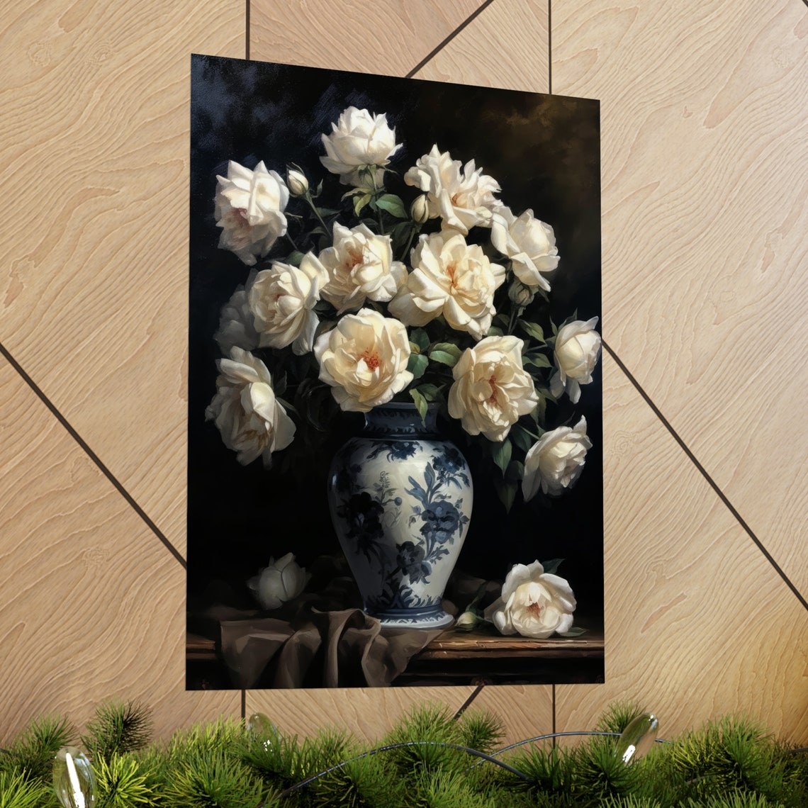 Cream White Roses Soft Blooms Blue Patterned Vase Still Life Poster - Image 2