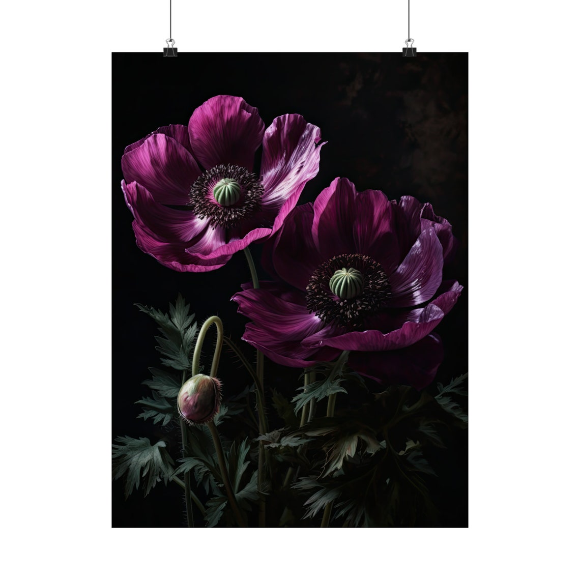Magenta Anemone Flower Pair Dark Moody Botanical Floral Art Poster - Image 5