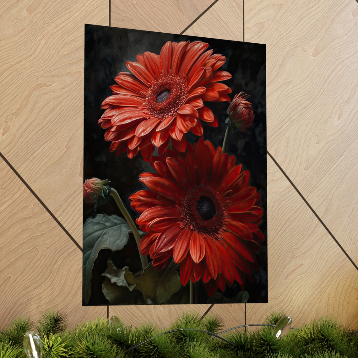 Red Gerbera Daisies Dark Moody Floral Oil Painting Botanical Wall Art - Image 2