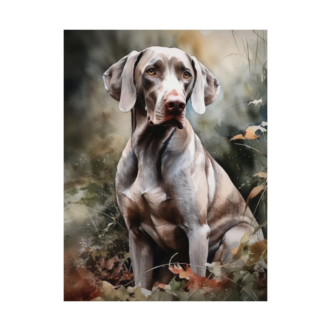 Weimaraner Dog Sitting Among Autumn Leaves Watercolor Art Print - Image 4