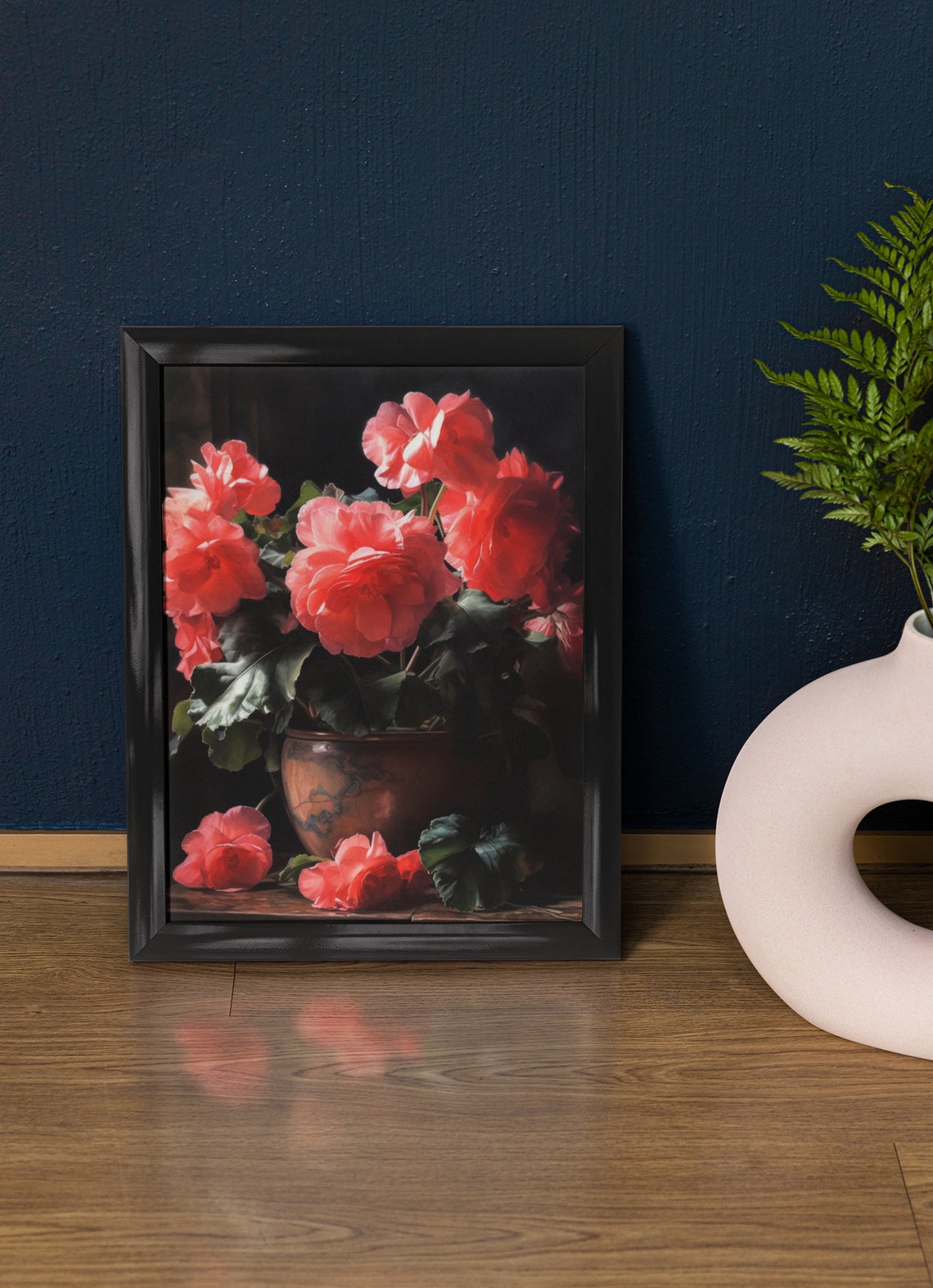 Coral Pink Begonia Potted Blooms Scattered Petals Floral Art Poster