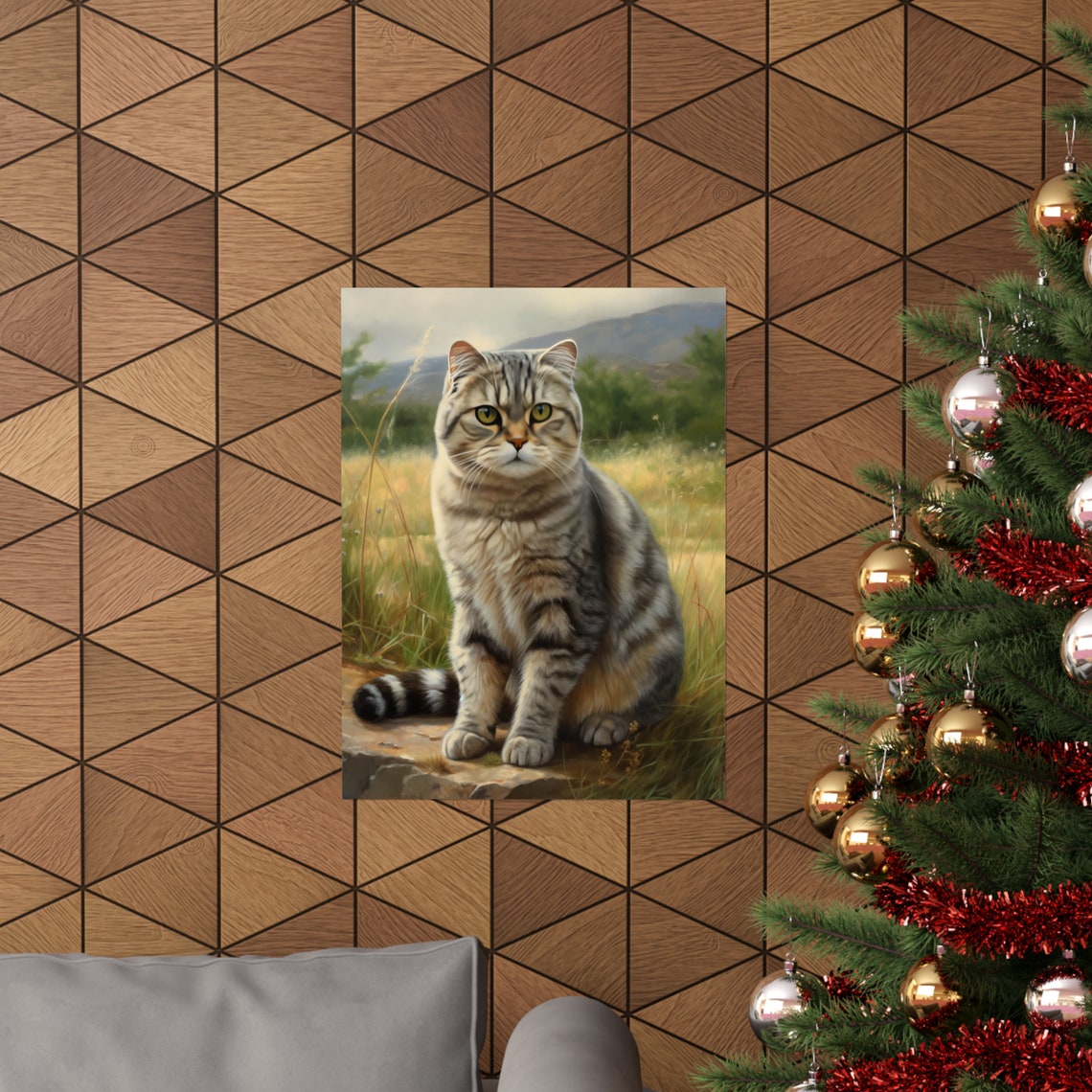 Scottish Fold Silver Tabby Cat Meadow Rock Cute Feline Art Poster - Image 3