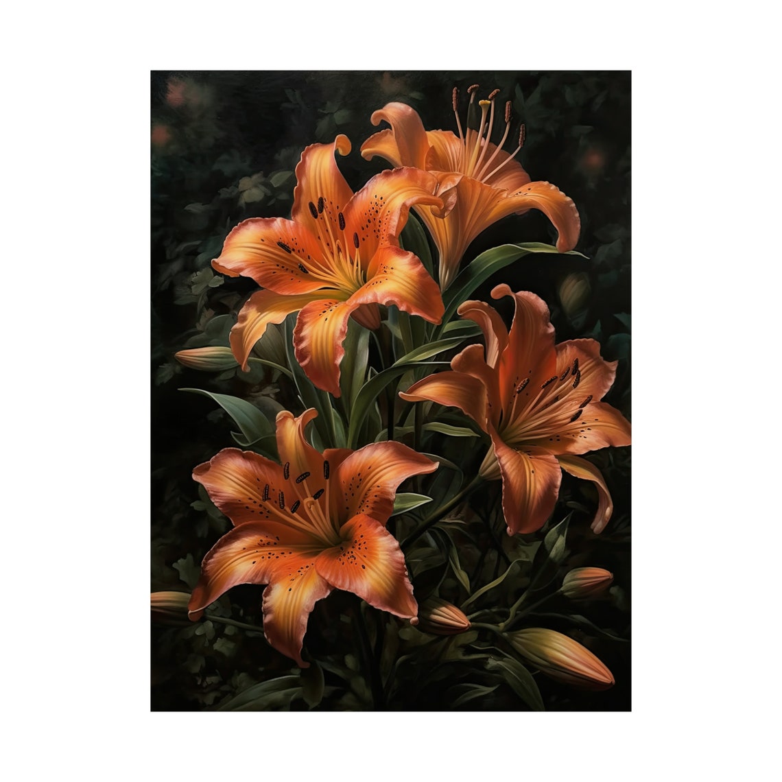 Orange Tiger Lilies Clustered Blooms Dark Floral Wall Art Print - Image 4