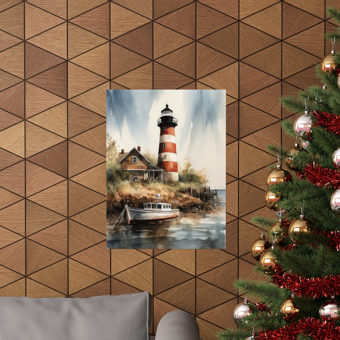 Red White Striped Lighthouse Fishing Boat Harbor Watercolor Wall Art - Image 3