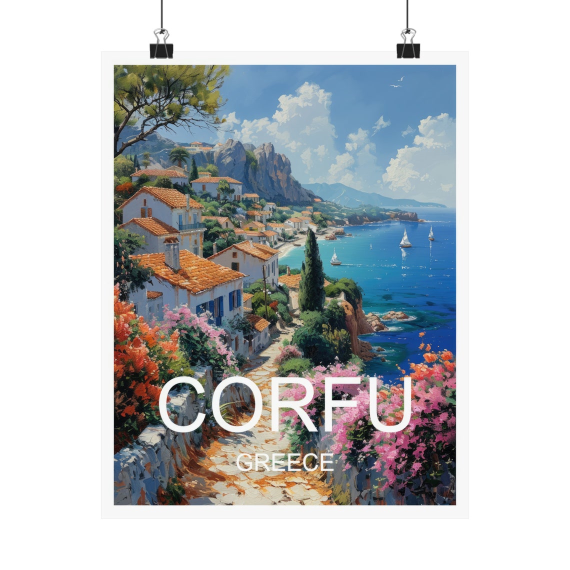 Corfu Greece Coastal Village Whitewashed Houses Travel Poster - Image 4
