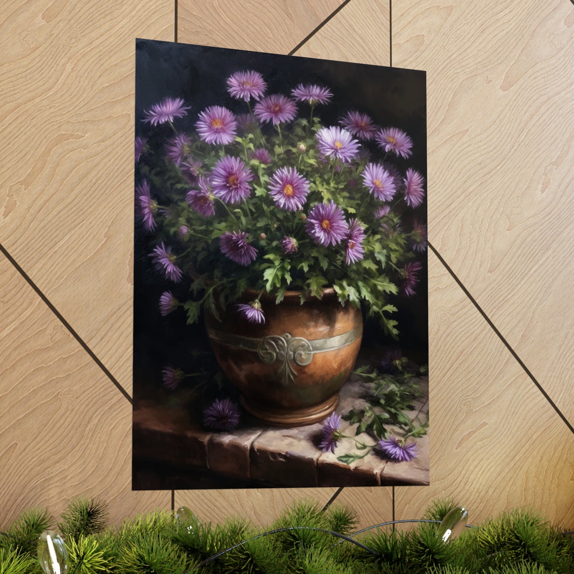 Lavender Aster Flowers Ornate Bronze Pot Still Life Floral Art Print - Image 2
