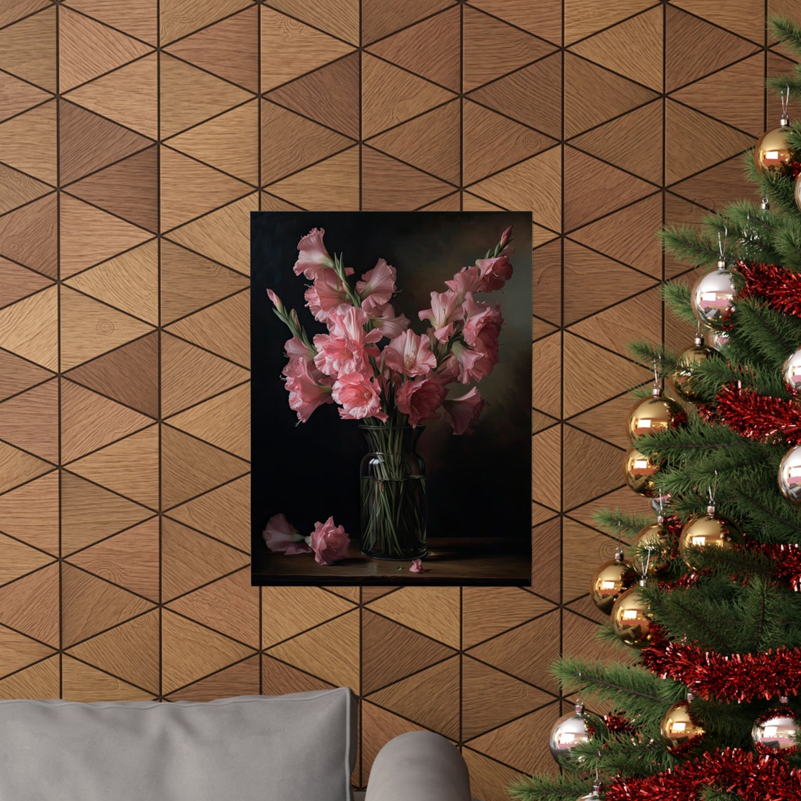 Pink Gladiolus Spikes Glass Vase Dark Moody Still Life Flower Poster - Image 3