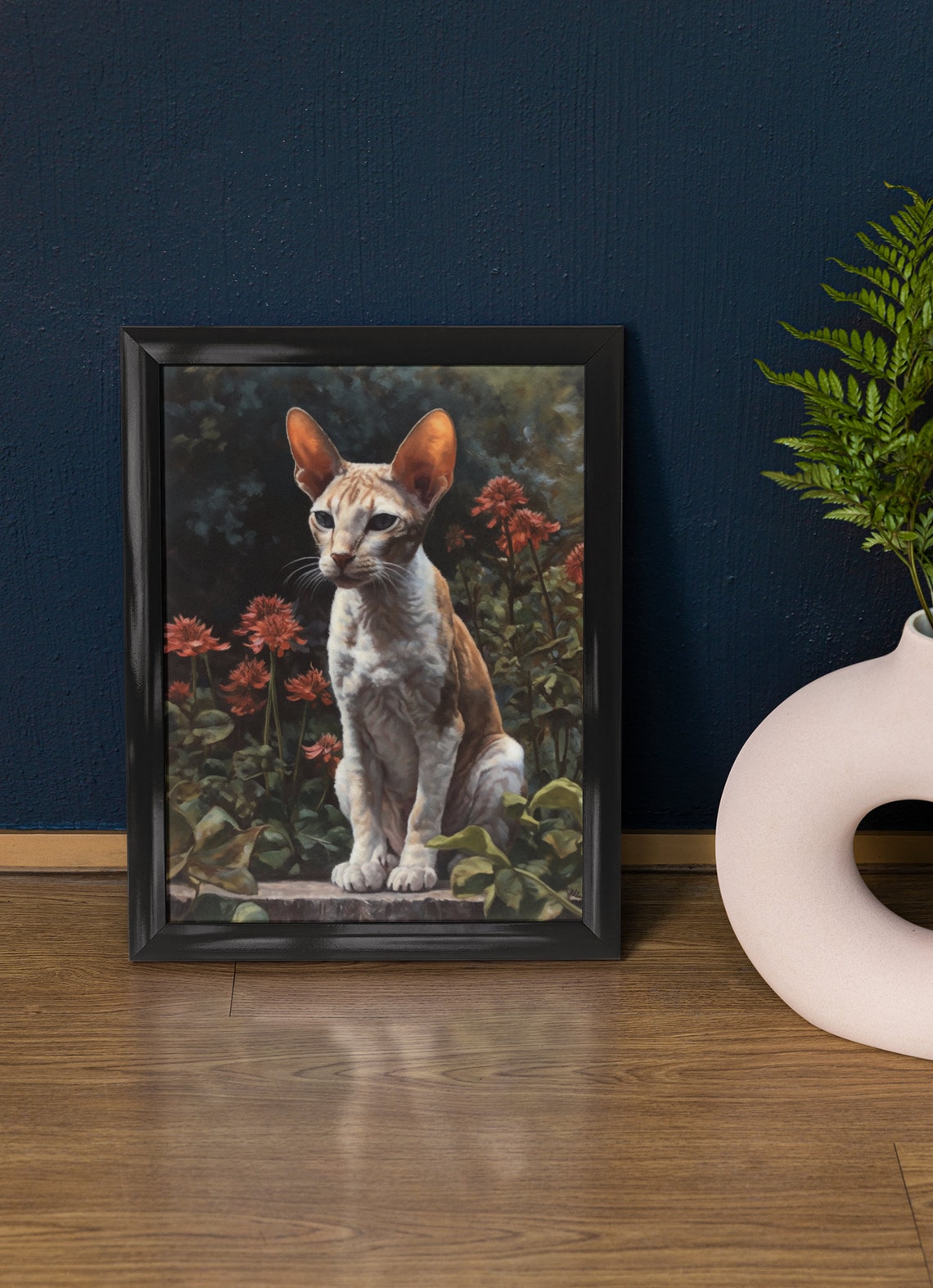 Cornish Rex Cat Big Ears Garden Portrait Red Flowers Art Poster