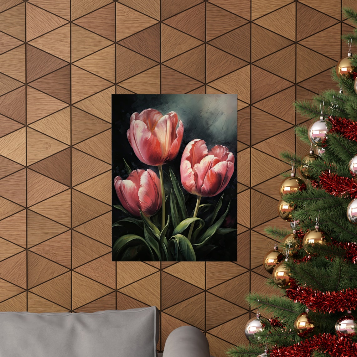 Pink Tulips Dark Moody Floral Oil Painting Botanical Wall Art - Image 3