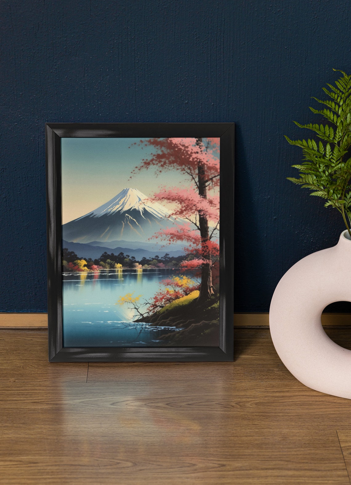 Mt Fuji Cherry Blossom Tree Lake Reflection Sunset Travel Poster