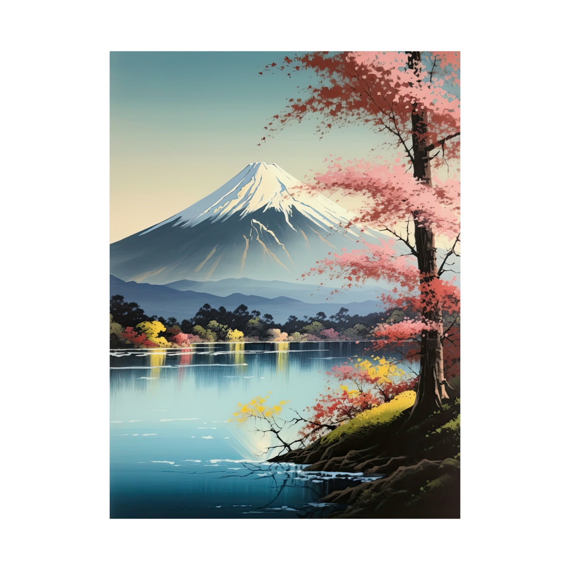 Mt Fuji Cherry Blossom Tree Lake Reflection Sunset Travel Poster - Image 4