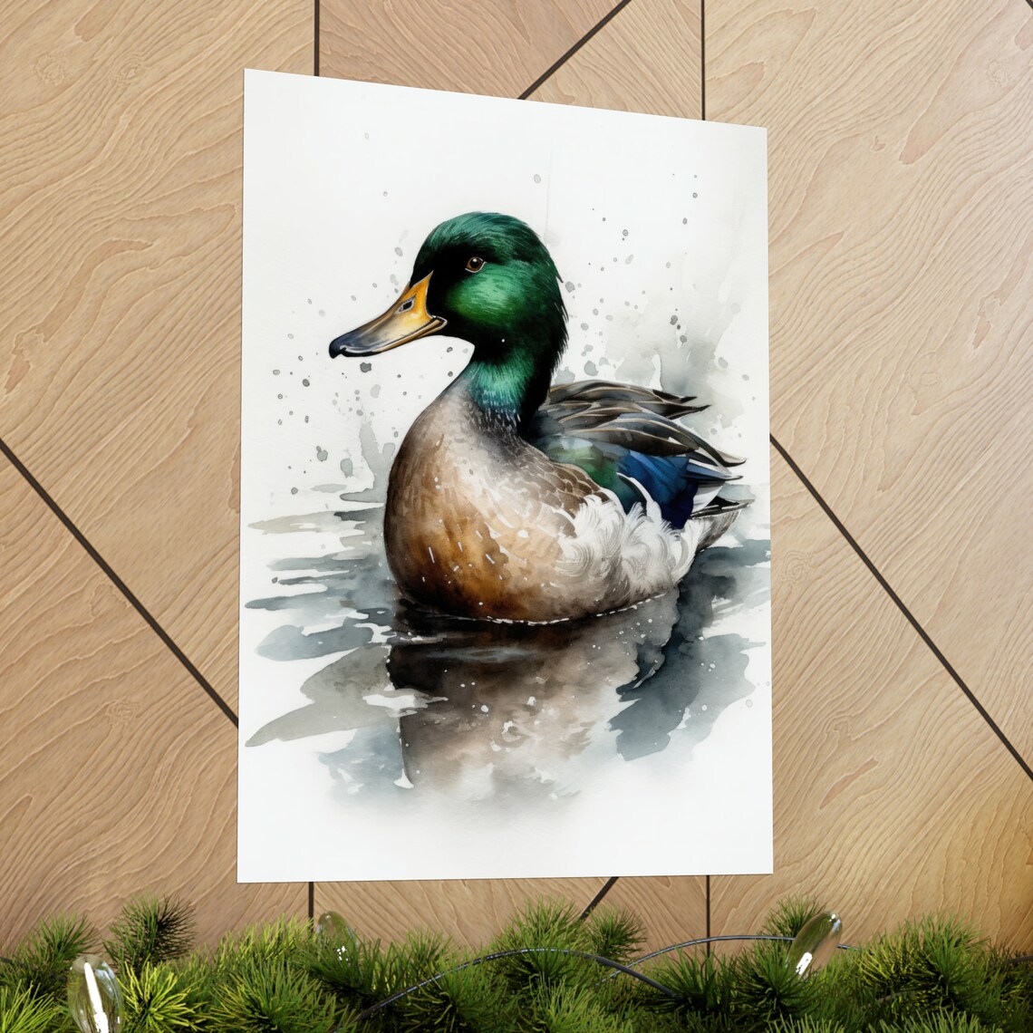 Male Mallard Duck Watercolor Green Head Pond Wildlife Fine Art Poster - Image 3