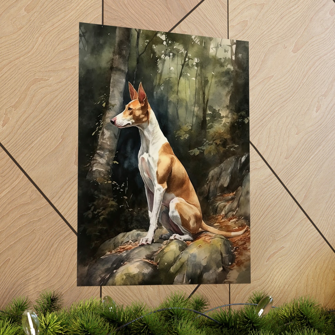 Ibizan Hound Tan White Sighthound Watercolor Forest Rocks Poster - Image 2