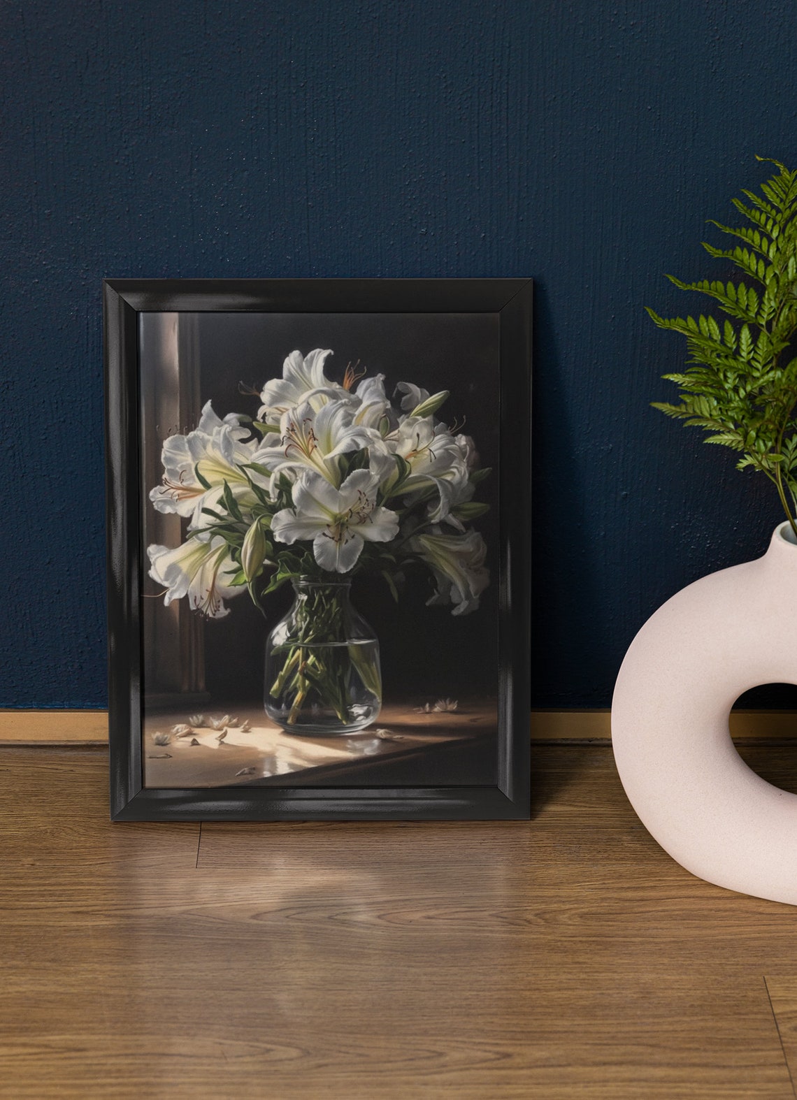 White Peruvian Lily Bouquet Dark Still Life Glass Vase Art Print