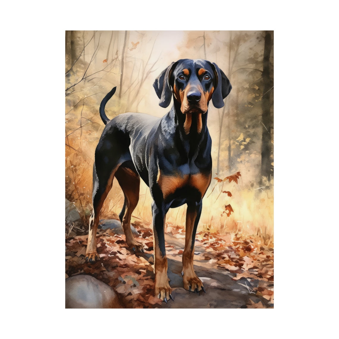 Black And Tan Coonhound Standing In Autumn Woods Watercolor Dog Poster - Image 4