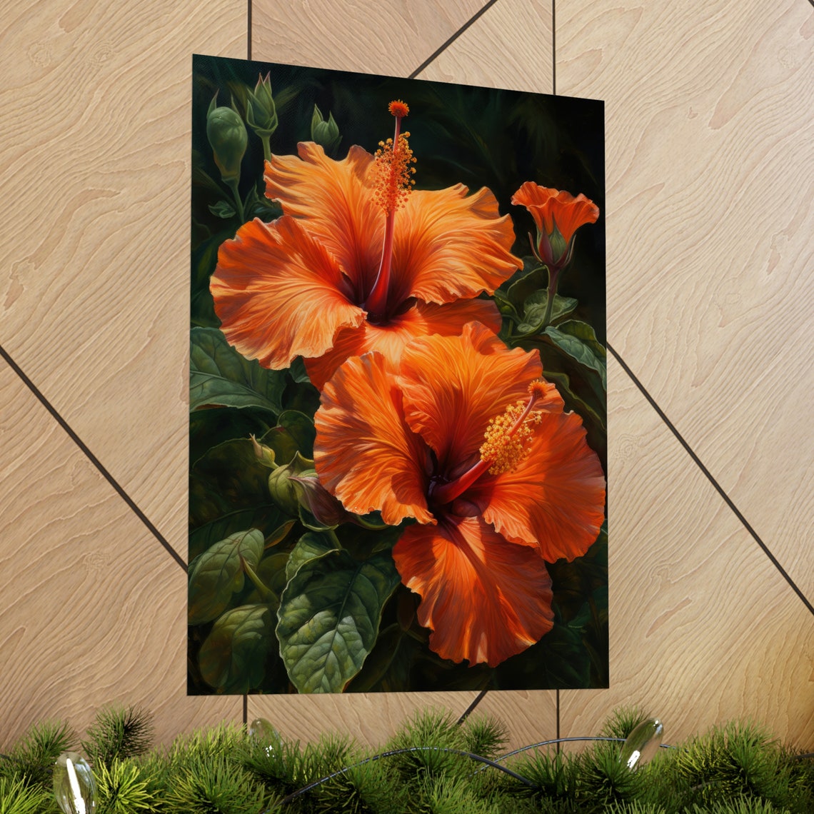 Orange Hibiscus Blooms Dark Tropical Floral Botanical Art Print - Image 2