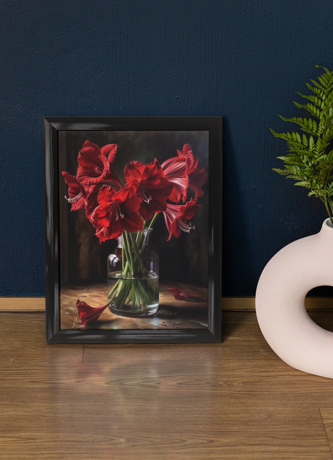 Red Amaryllis Bouquet Dark Still Life Wooden Table Flower Art Print