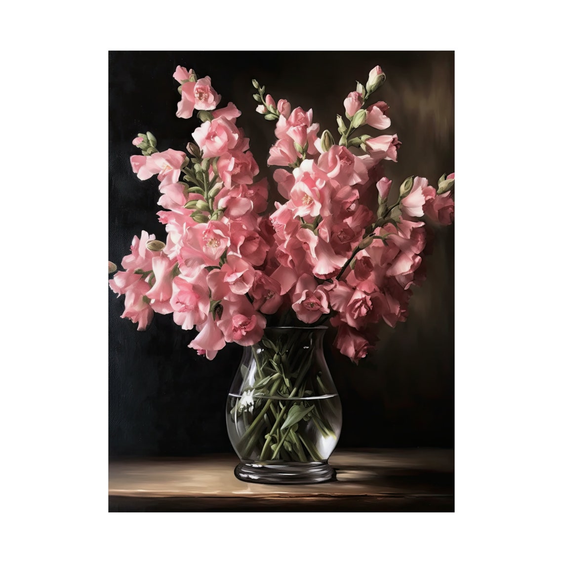 Pink Snapdragon Flowers Glass Vase Dark Background Floral Art Print - Image 4