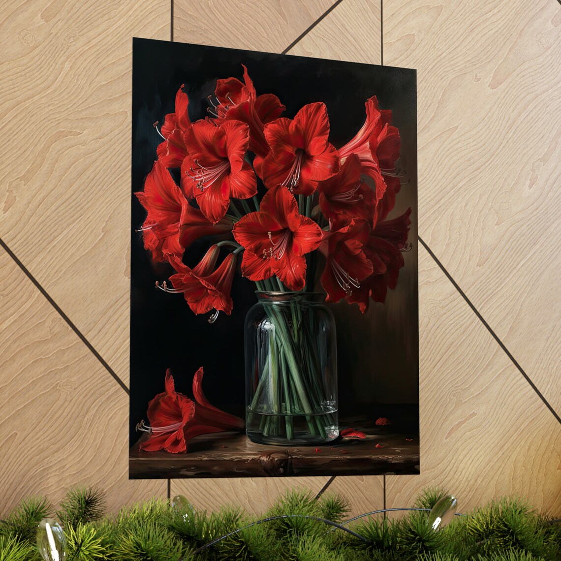 Red Amaryllis Flowers Dark Still Life Glass Vase Scarlet Art Print - Image 2