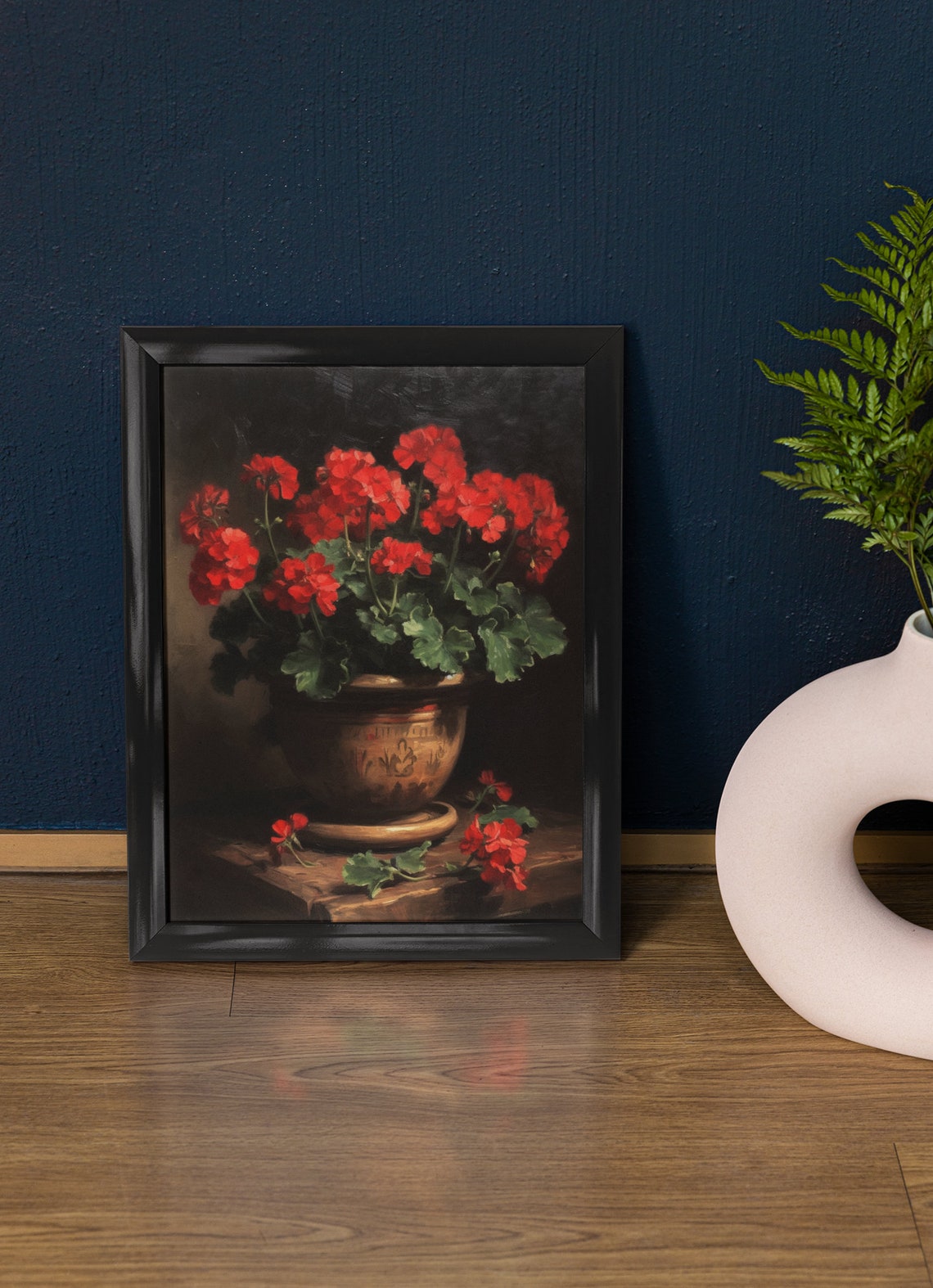 Scarlet Red Geranium Clay Pot Dark Rustic Still Life Flower Poster