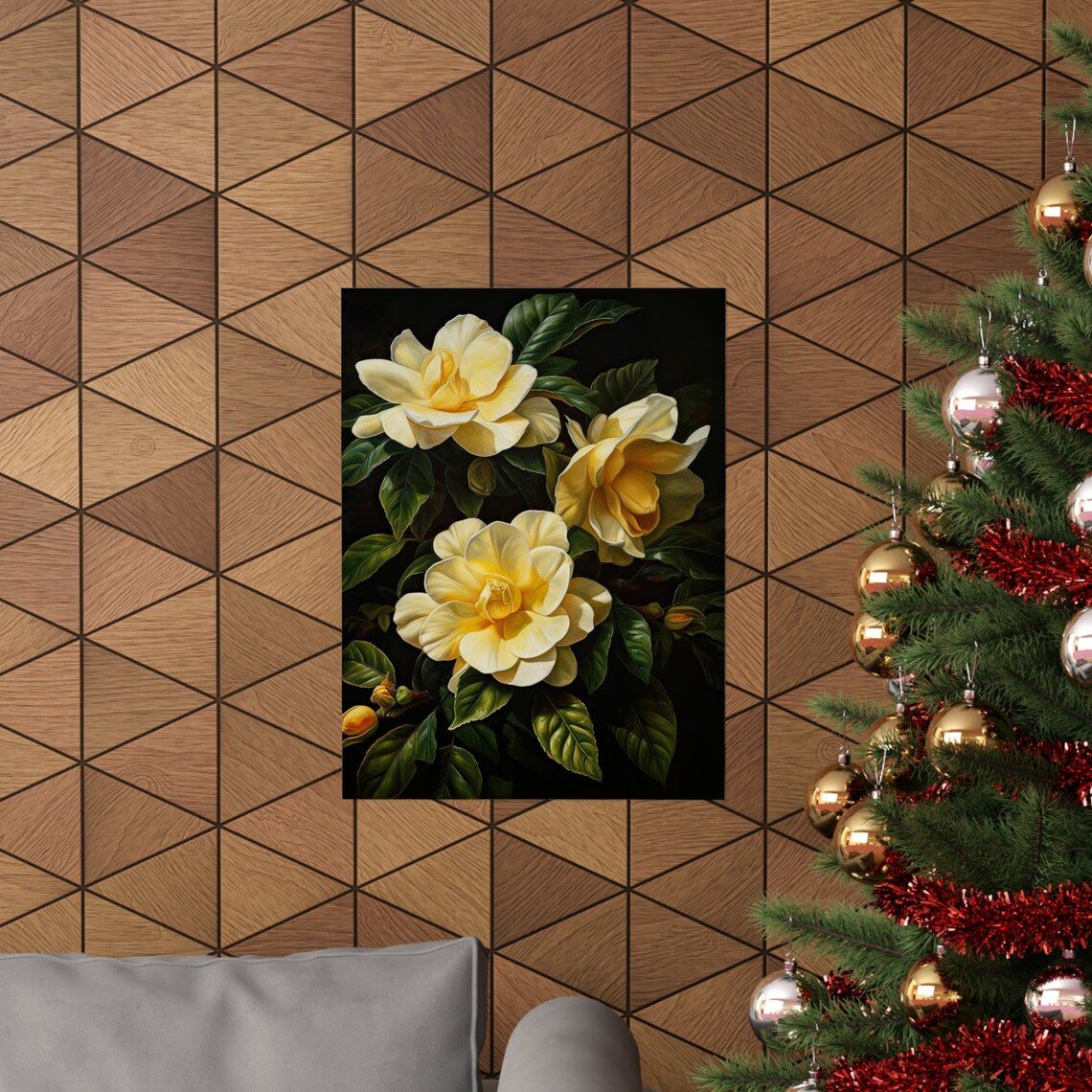 Golden Yellow Gardenia Large Blooms Lush Dark Floral Wall Poster - Image 3
