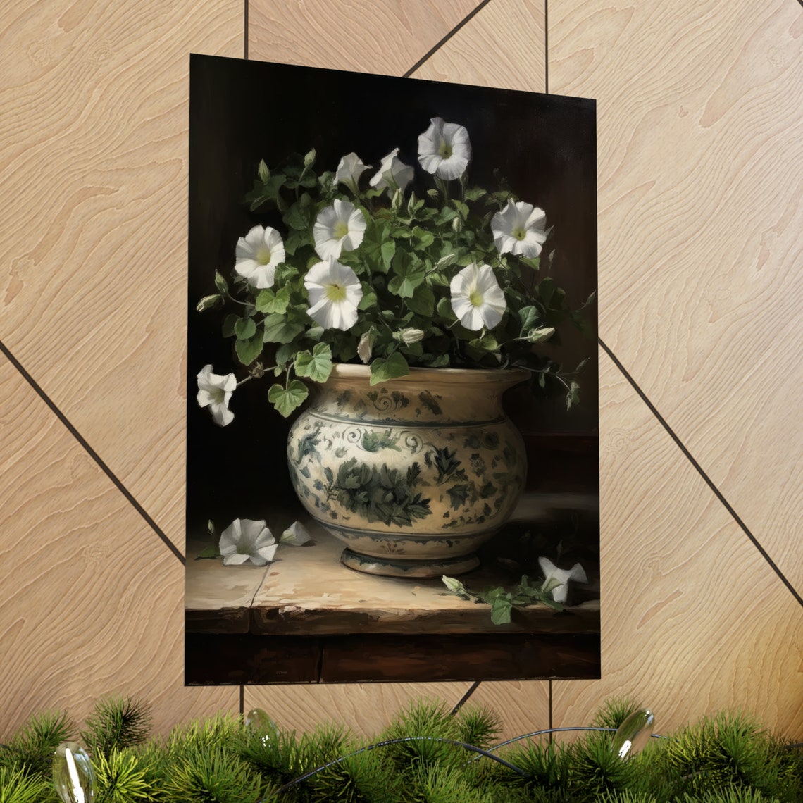 White Petunias Porcelain Pot Dark Moody Floral Still Life Poster - Image 2
