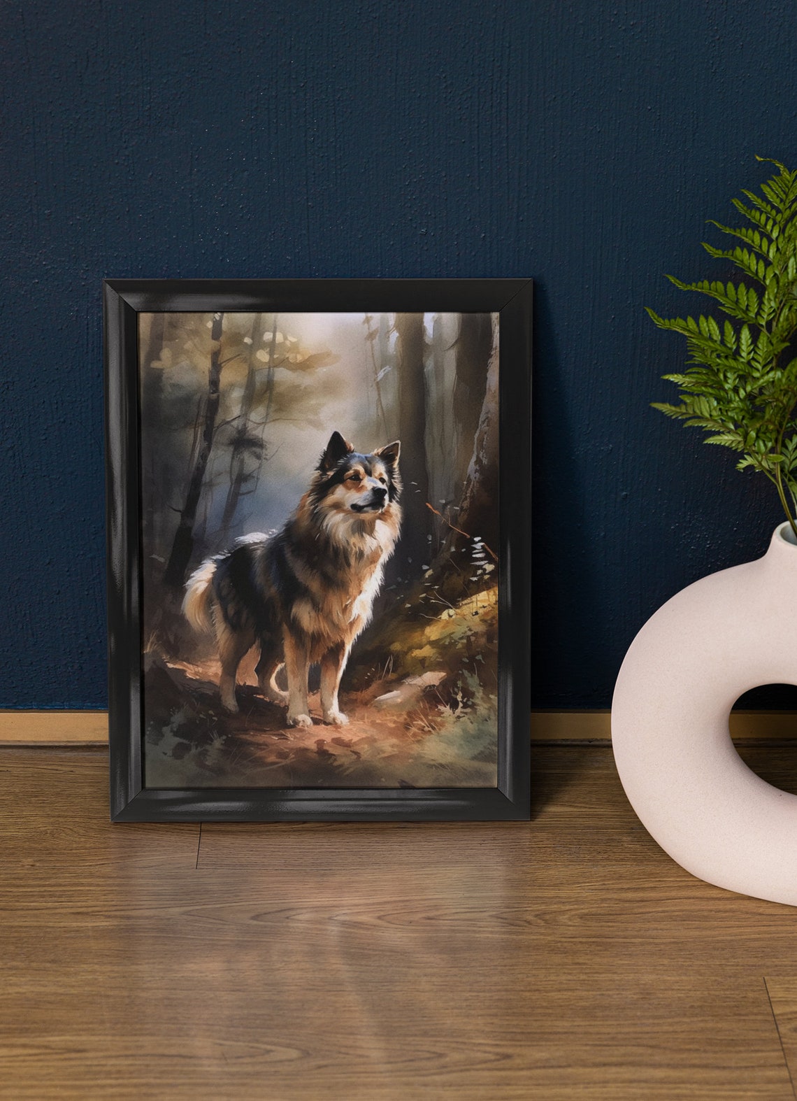 Finnish Lapphund Watercolor Portrait Standing In Autumn Woods Poster