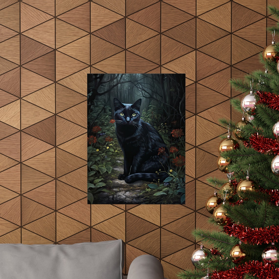Black Cat With Green Eyes Sitting In Dark Forest Clearing Art Poster - Image 3