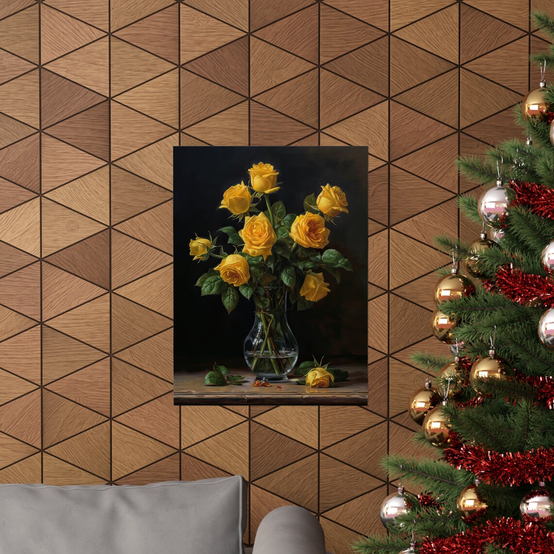 Yellow Rose Bouquet Golden Sunny Blooms Dark Still Life Art Poster - Image 3