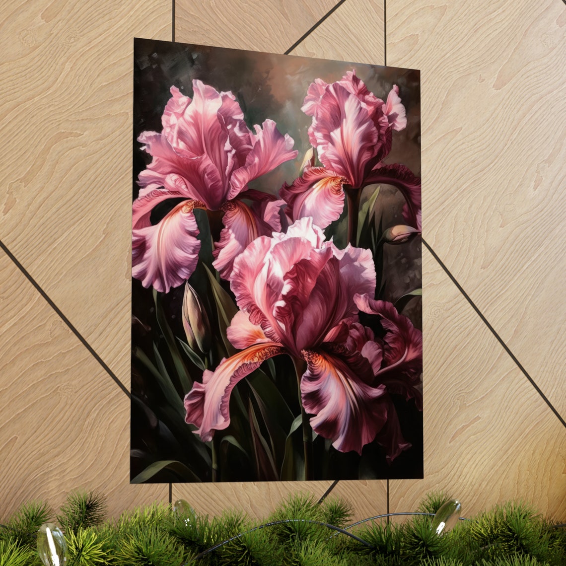 Dusty Rose Iris Blooms Moody Dark Floral Botanical Wall Art Print - Image 2