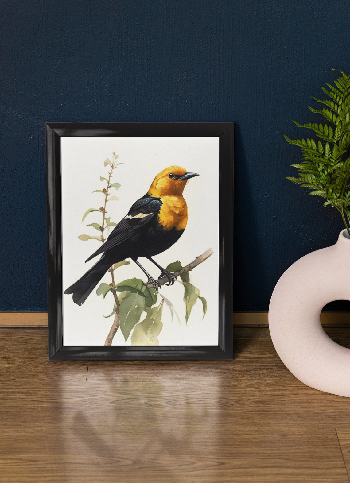 Yellow Headed Blackbird Perched Branch Watercolor Bird Art Print