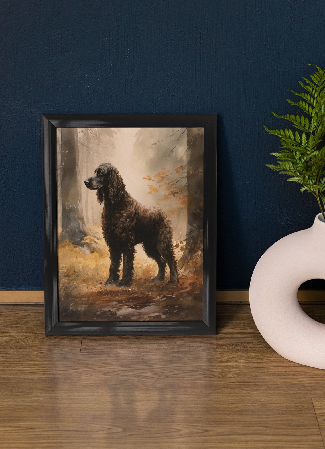 Irish Water Spaniel Dark Curly Coat Autumn Woods Watercolor Poster