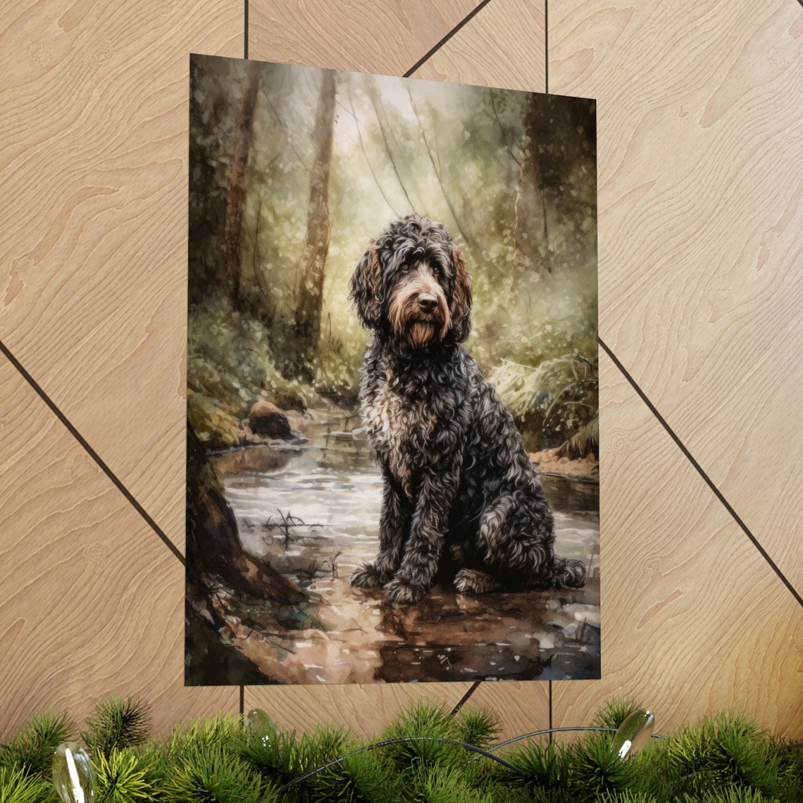 Spanish Water Dog Watercolor Portrait Sitting By A Forest Stream Print - Image 2