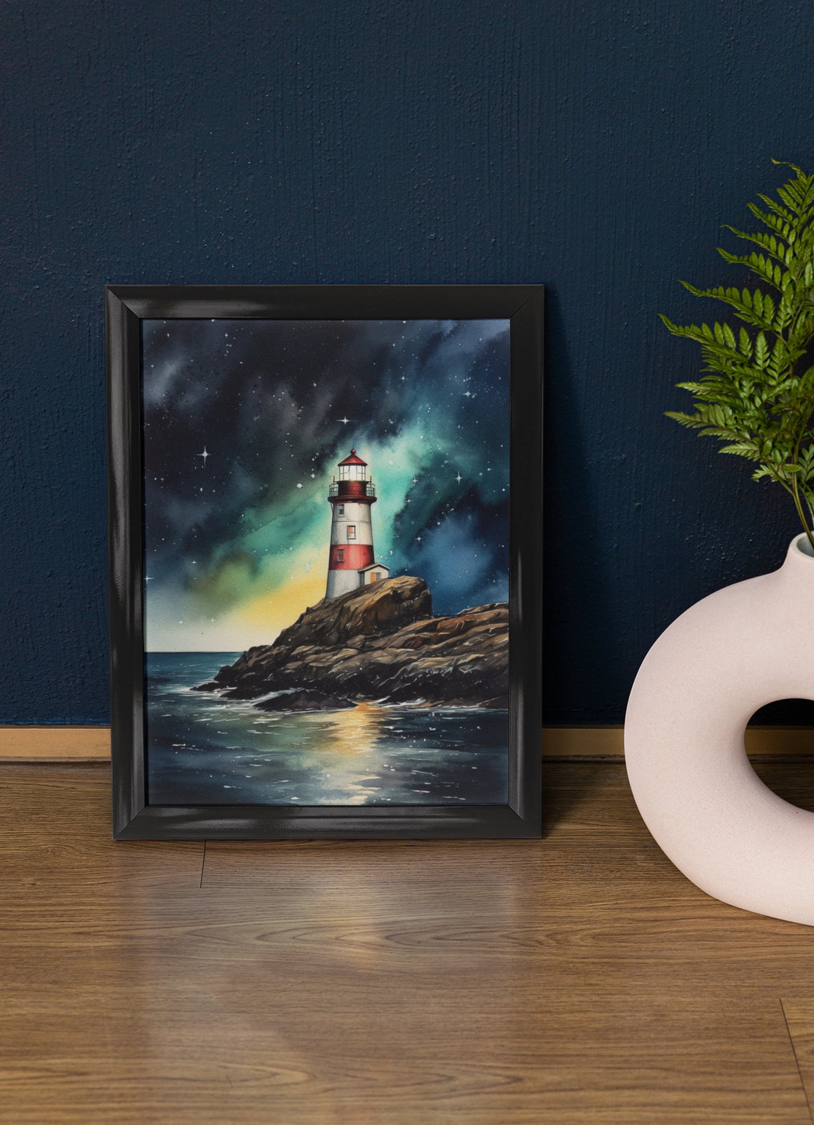 Red White Striped Lighthouse Starry Night Ocean Watercolor Poster