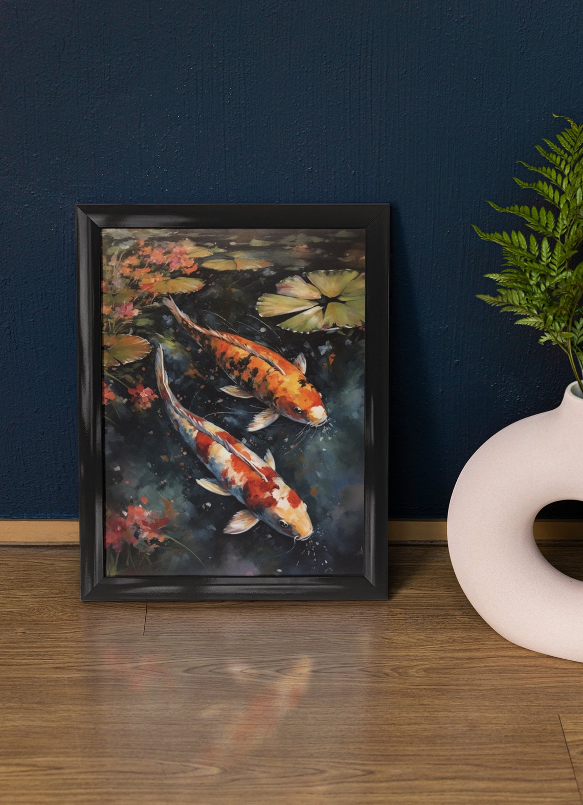 Two Koi Fish Watercolor Lily Pad Pond Painting Japanese Zen Wall Art