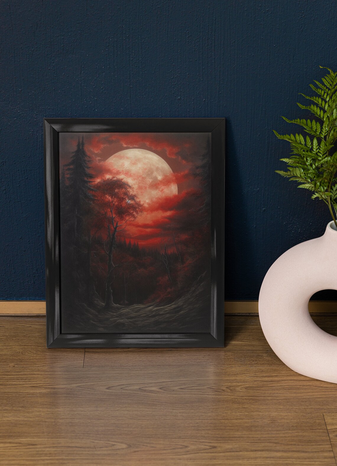 Blood Moon Rising Over Dark Pine Forest Crimson Sky Gothic Wall Art