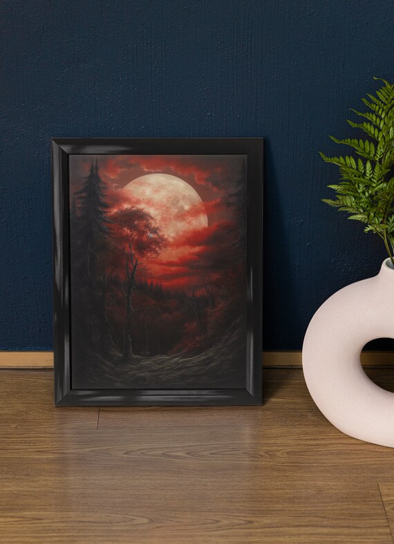 Blood Moon Rising Over Dark Pine Forest Crimson Sky Gothic Wall Art