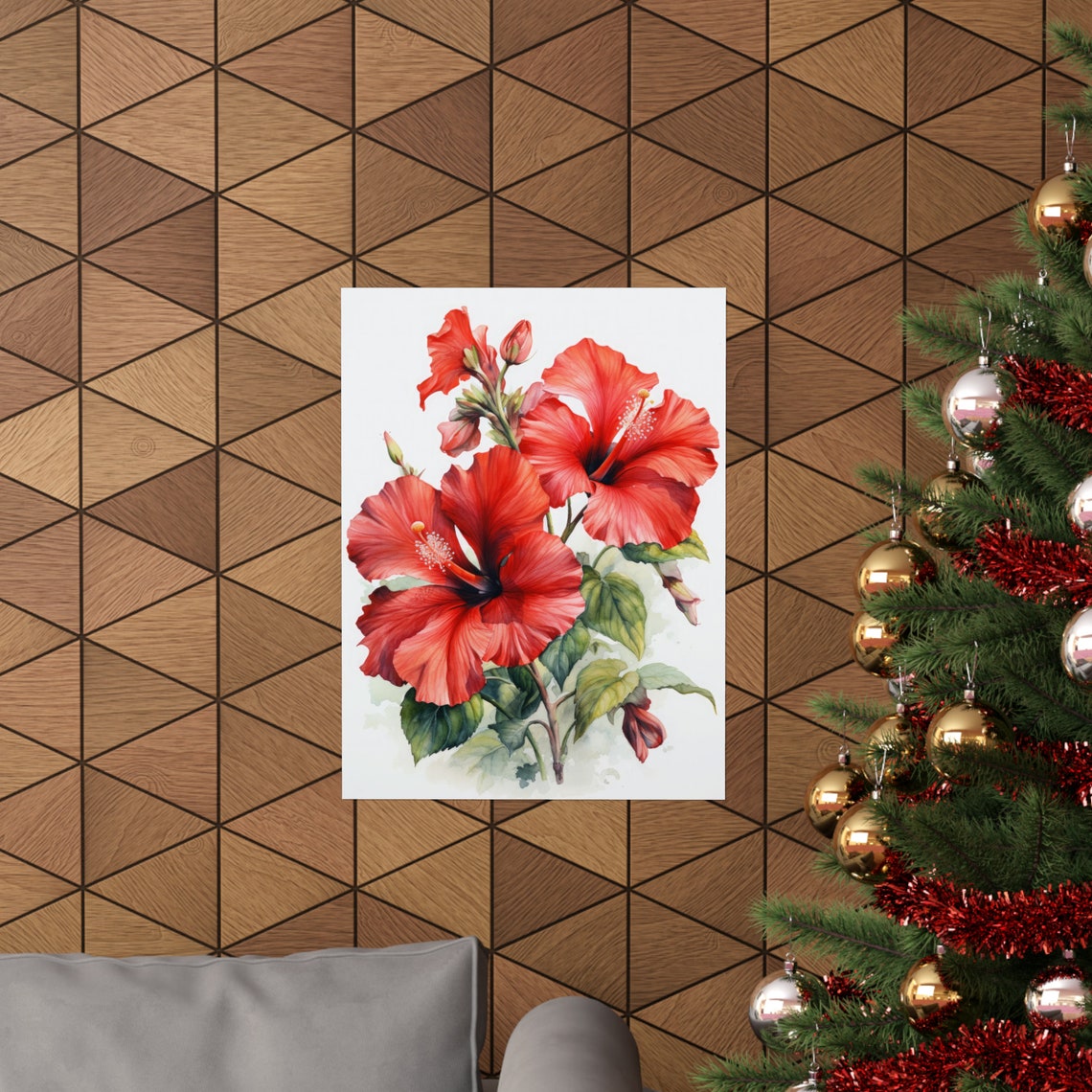 Red Orange Hibiscus Blooms Watercolor Tropical Fine Art Poster - Image 3