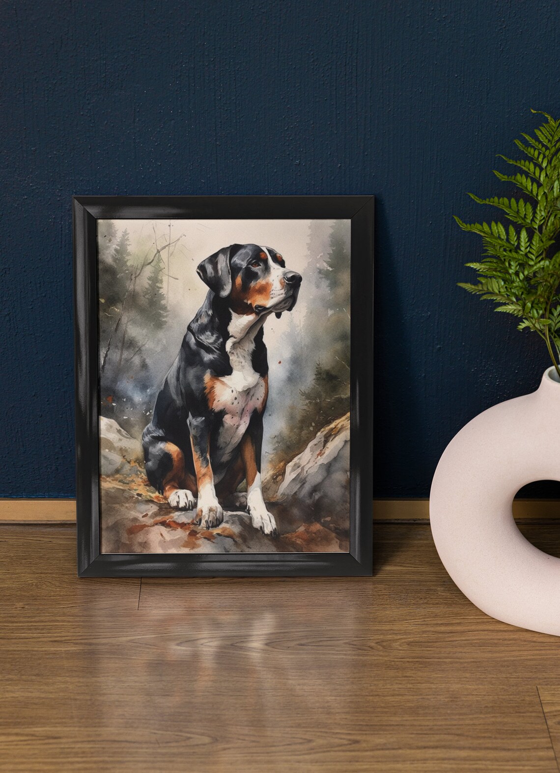 Greater Swiss Mountain Dog Tricolor Sitting Rocks Watercolor Poster