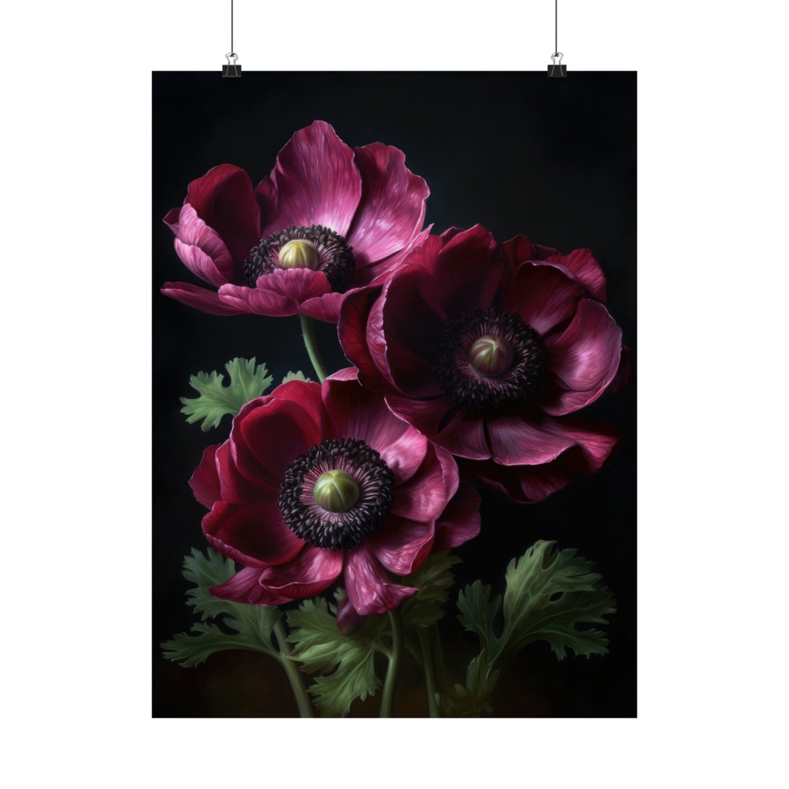 Burgundy Anemone Blossoms Dark Moody Botanical Still Life Art Print - Image 5