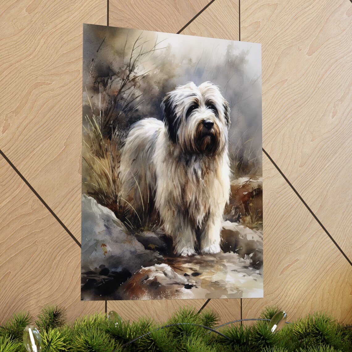 Polish Lowland Sheepdog Shaggy White Dog Rocks Watercolor Poster - Image 2