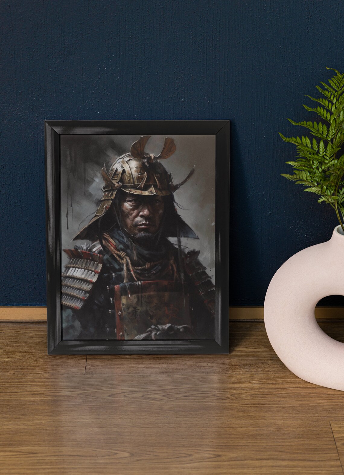 Samurai in Crescent Horned Helmet Dark Moody Oil Painting Art Print