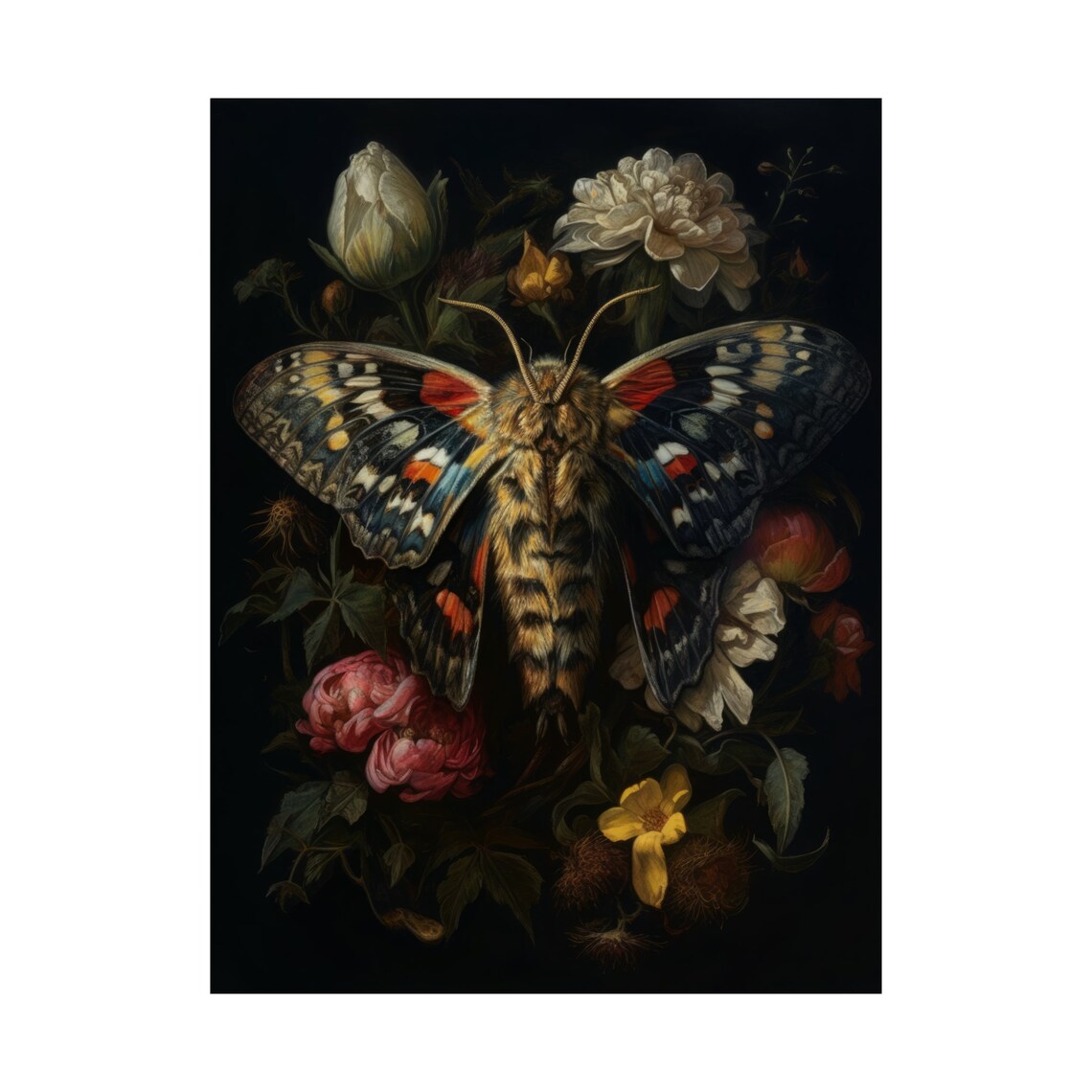 Dark Academia Colorful Moth Among Roses Gothic Floral Wall Art Print - Image 4