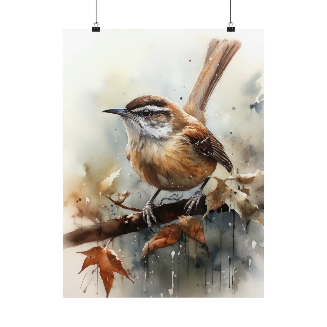 Carolina Wren Perched On Branch Watercolor Bird Art Wall Print - Image 4