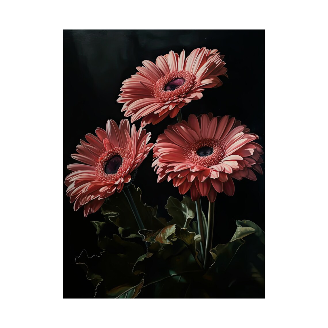Pink Gerbera Daisies Dark Moody Elegant Floral Oil Painting Wall Art - Image 4