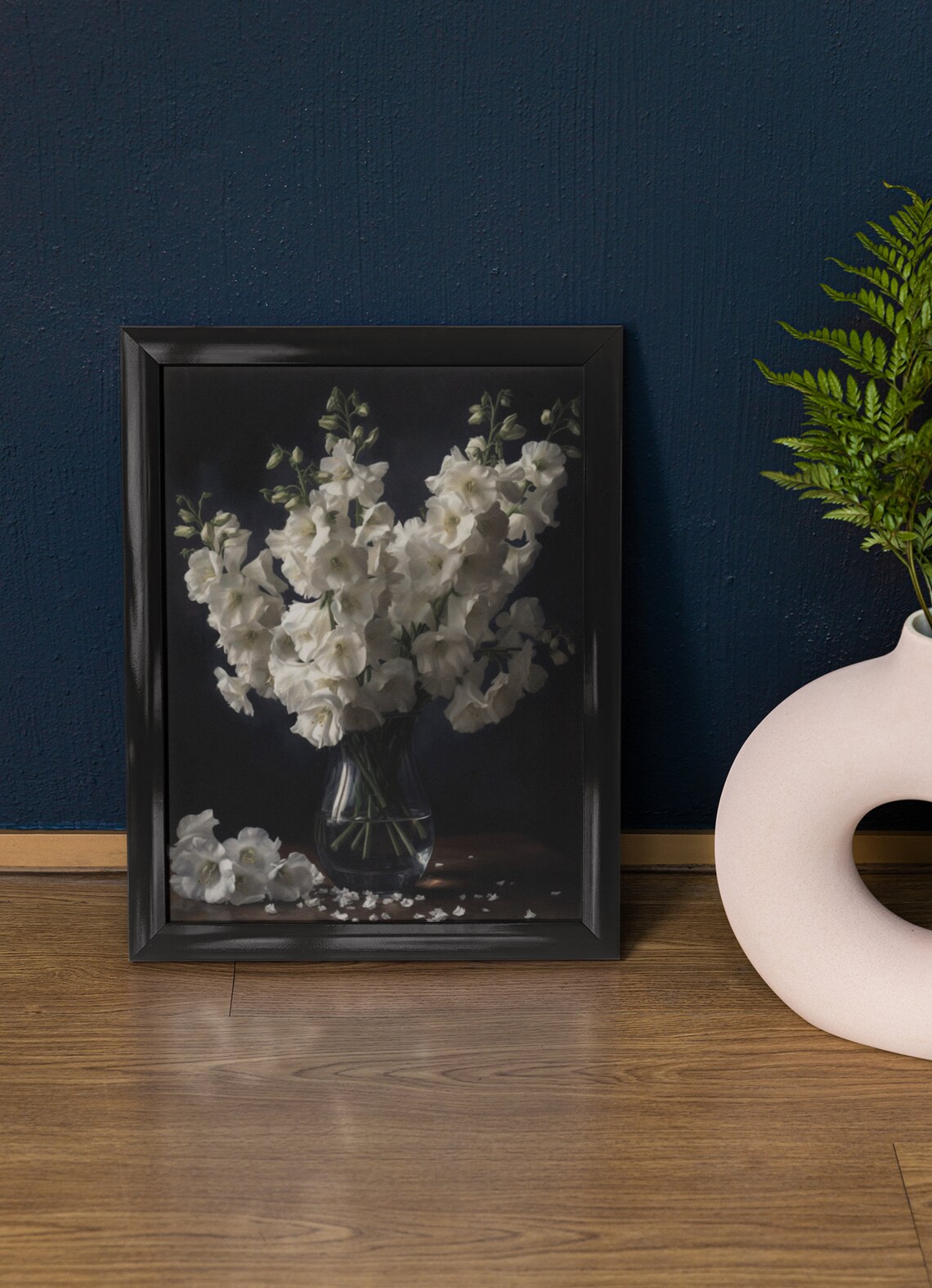 White Delphinium Blooms Glass Vase Dark Moody Still Life Poster